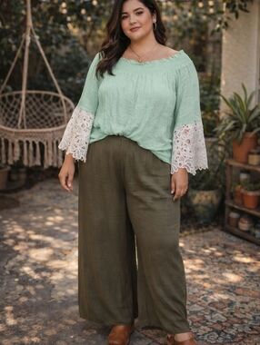 Boho Mint Off Shoulder Lace Trim Top | Bell Sleeve Peasant Blouse